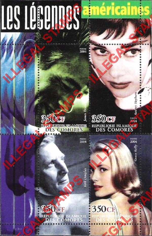 Comoro Islands 2004 Movie legends of the American screen Counterfeit Illegal Stamp Souvenir Sheet of 4 (Sheet 2)