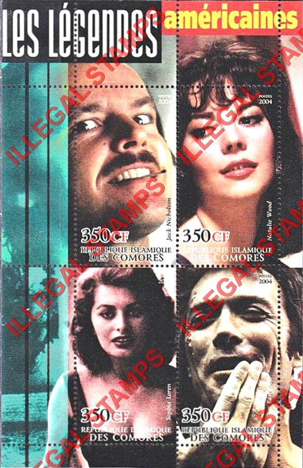 Comoro Islands 2004 Movie legends of the American screen Counterfeit Illegal Stamp Souvenir Sheet of 4 (Sheet 3)