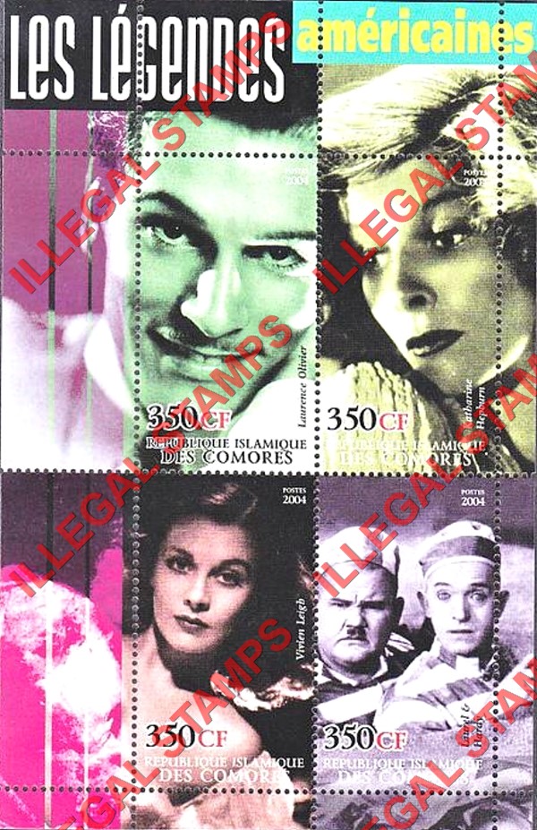 Comoro Islands 2004 Movie legends of the American screen Counterfeit Illegal Stamp Souvenir Sheet of 4 (Sheet 4)