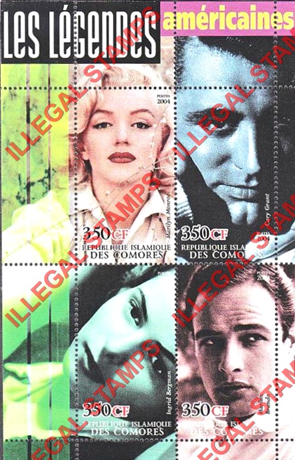 Comoro Islands 2004 Movie legends of the American screen Counterfeit Illegal Stamp Souvenir Sheet of 4 (Sheet 5)