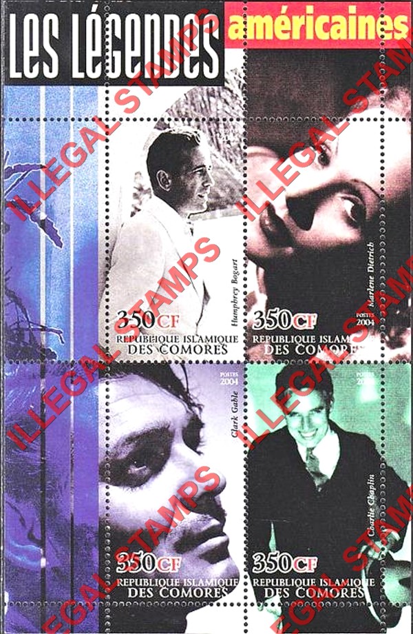 Comoro Islands 2004 Movie legends of the American screen Counterfeit Illegal Stamp Souvenir Sheet of 4 (Sheet 6)