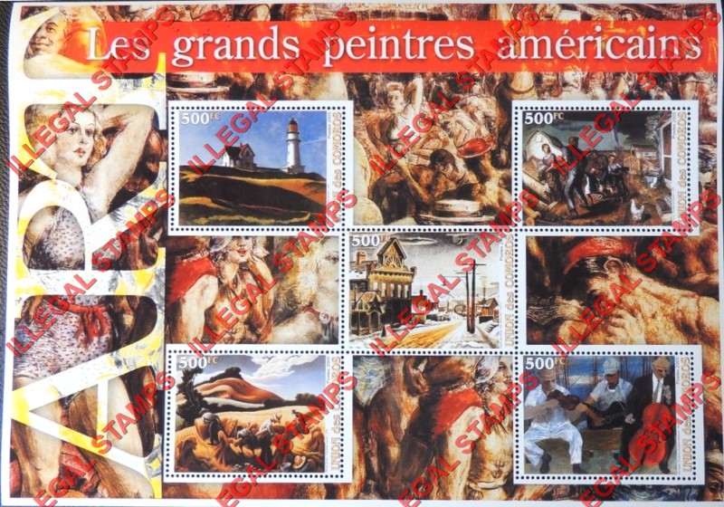 Comoro Islands 2005 Art The Great American Painters Counterfeit Illegal Stamp Souvenir Sheet of 5