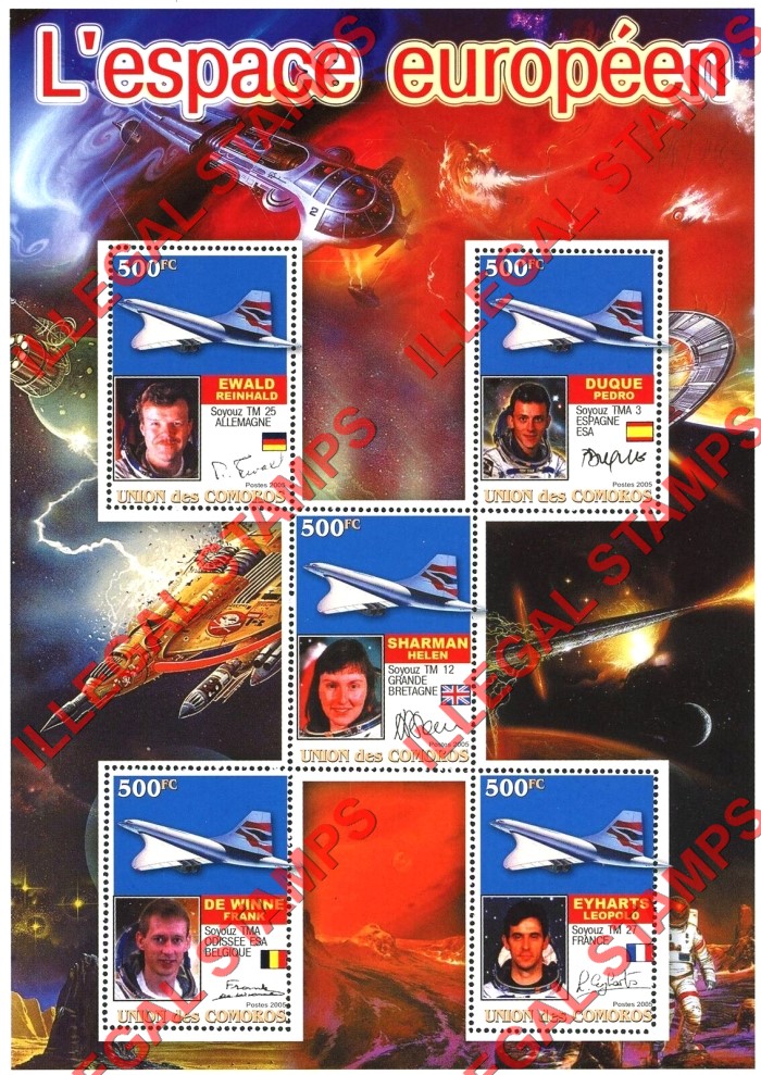 Comoro Islands 2005 European Space Counterfeit Illegal Stamp Souvenir Sheet of 5