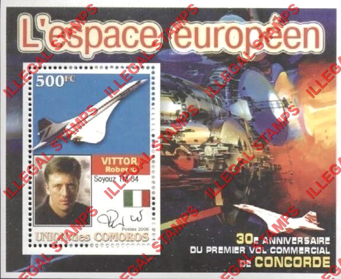 Comoro Islands 2006 30th Anniversary of the Concorde's First Commercial Flight European Space Counterfeit Illegal Stamp Souvenir Sheet of 1 (Sheet 1)
