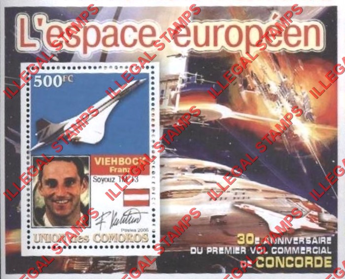 Comoro Islands 2006 30th Anniversary of the Concorde's First Commercial Flight European Space Counterfeit Illegal Stamp Souvenir Sheet of 1 (Sheet 5)