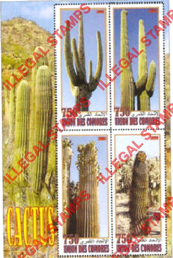 Comoro Islands 2008 Cactus Counterfeit Illegal Stamp Souvenir Sheet of 4