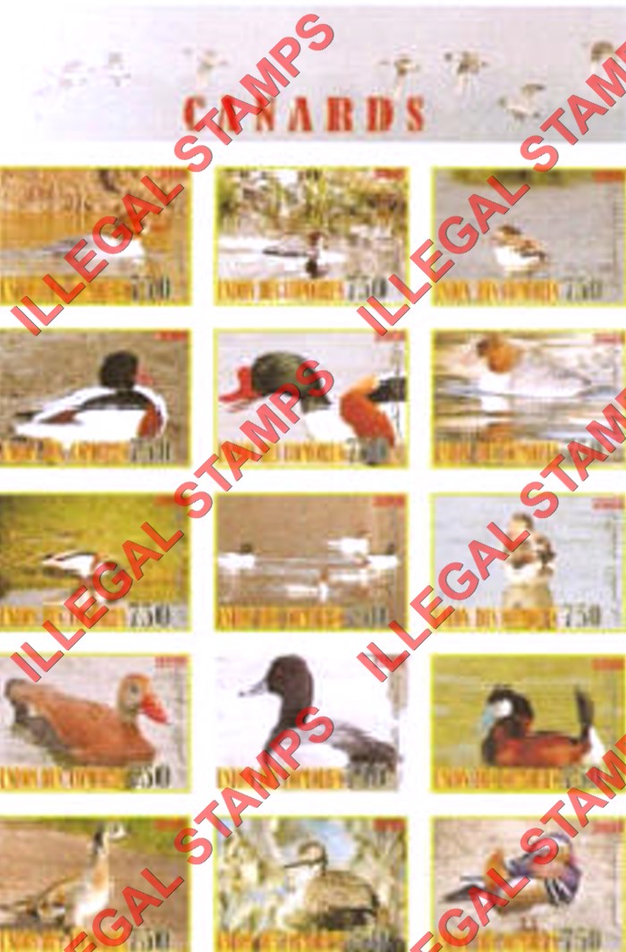 Comoro Islands 2008 Canards Counterfeit Illegal Stamp Souvenir Sheet of 15
