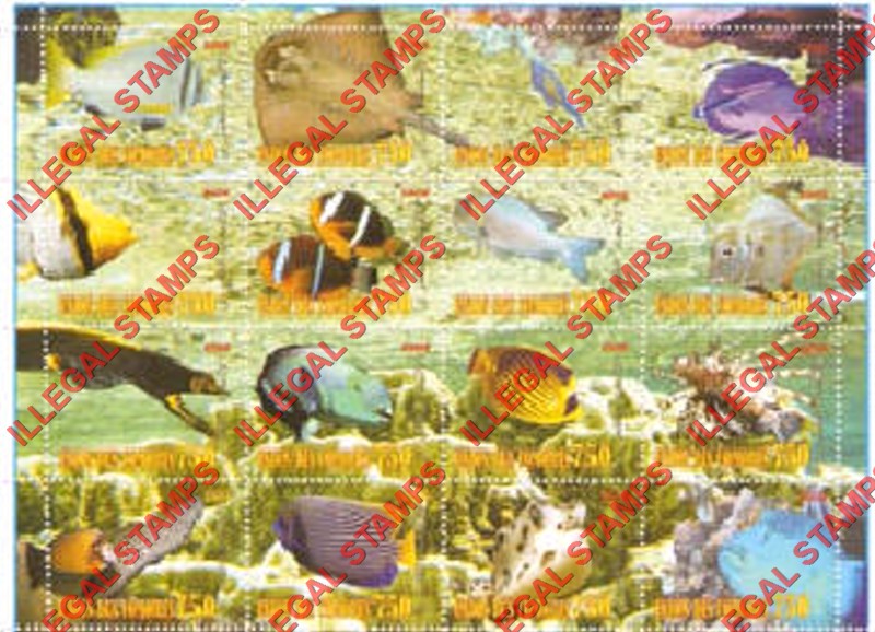 Comoro Islands 2008 Fish Counterfeit Illegal Stamp Souvenir Sheet of 16