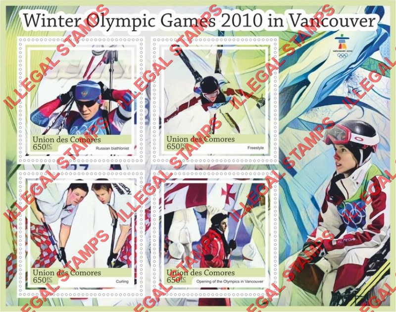 Comoro Islands 2010 Olympic Games in Vancouver Counterfeit Illegal Stamp Souvenir Sheet of 4