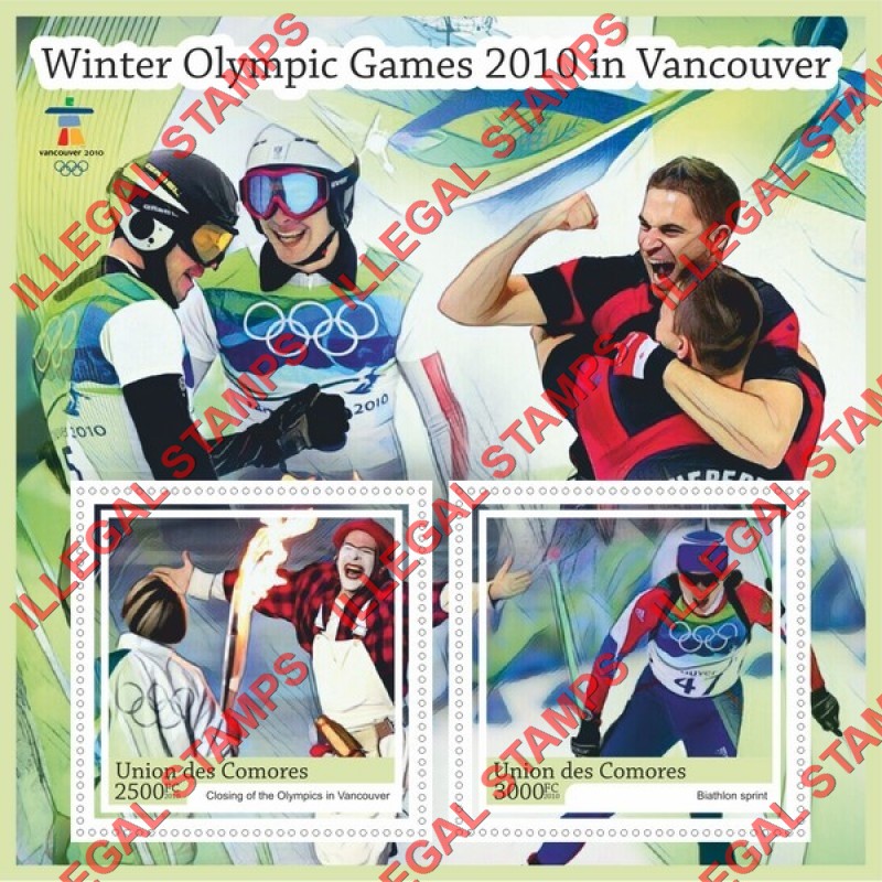Comoro Islands 2010 Olympic Games in Vancouver Counterfeit Illegal Stamp Souvenir Sheet of 2