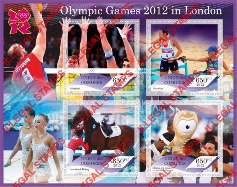 Comoro Islands 2012 Olympic Games in London Counterfeit Illegal Stamp Souvenir Sheet of 4