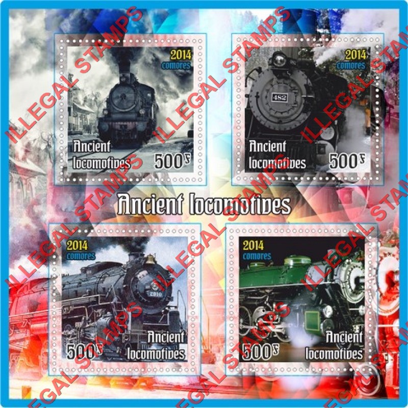 Comoro Islands 2014 Ancient Locomotives Counterfeit Illegal Stamp Souvenir Sheet of 4