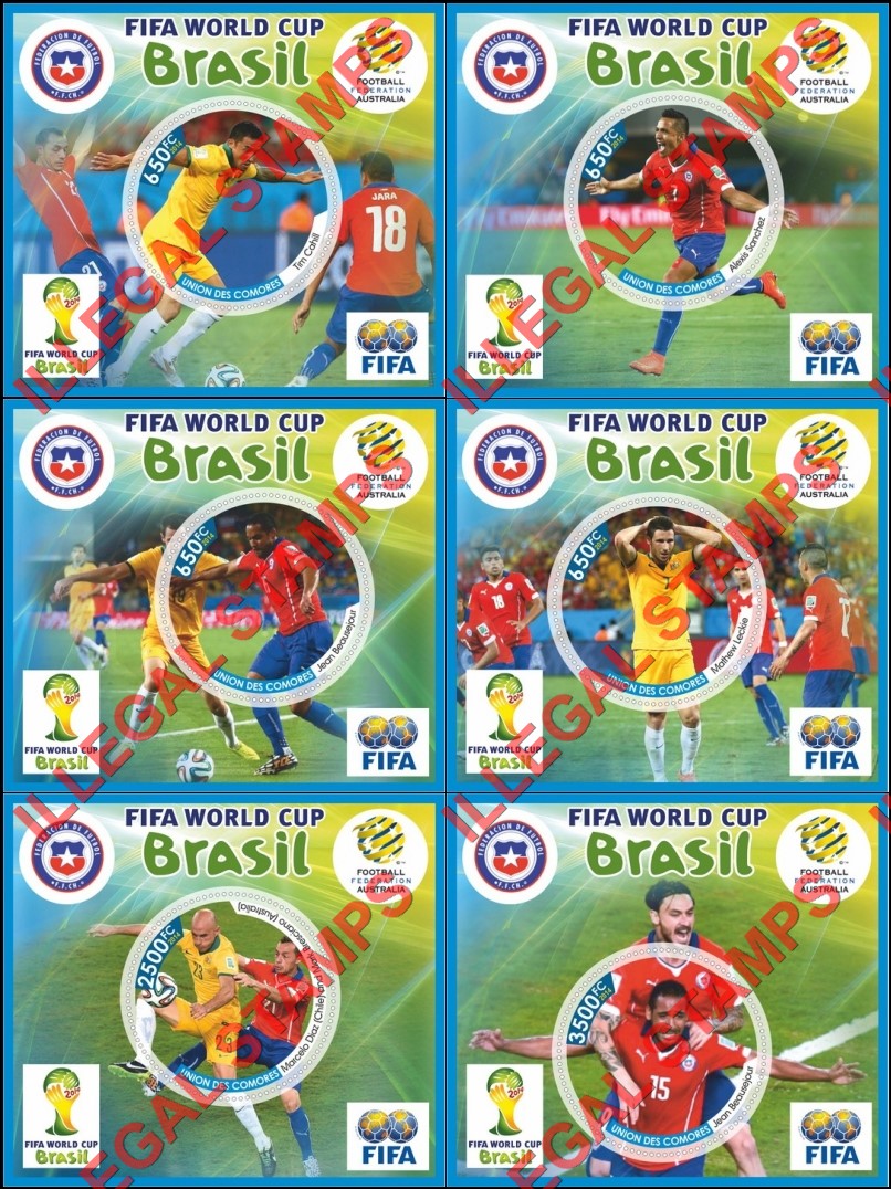 Comoro Islands 2014 FIFA World Cup Soccer in Brazil (different) Counterfeit Illegal Stamp Souvenir Sheets of 1