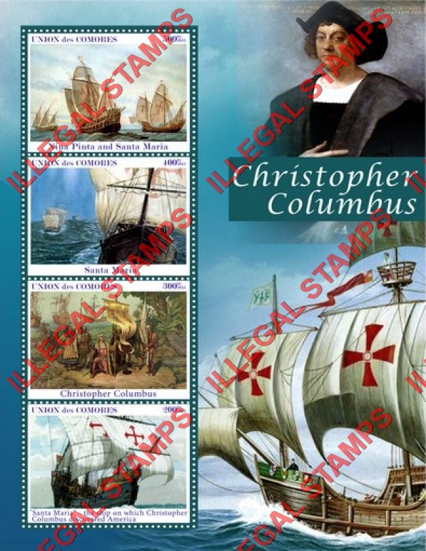 Comoro Islands 2015 Christopher Columbus Sailing Ships Counterfeit Illegal Stamp Souvenir Sheet of 4