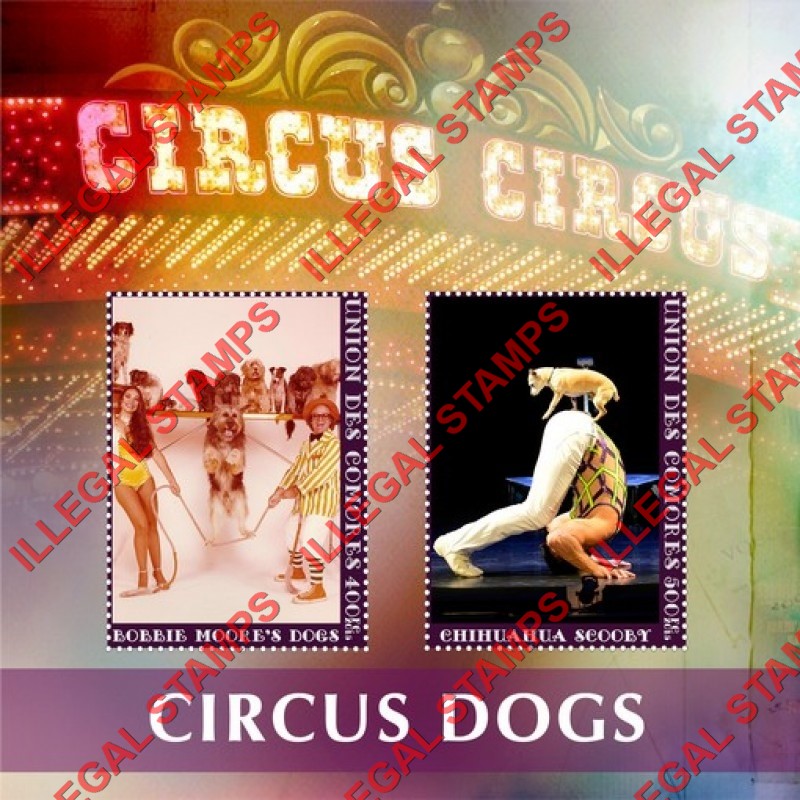 Comoro Islands 2015 Circus Dogs Counterfeit Illegal Stamp Souvenir Sheet of 2