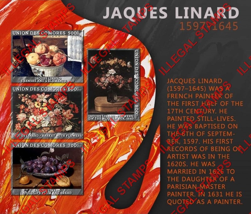 Comoro Islands 2015 Paintings by Jaques Linard Counterfeit Illegal Stamp Souvenir Sheet of 4