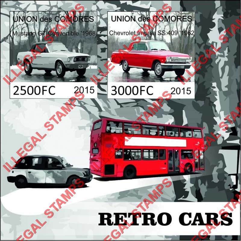 Comoro Islands 2015 Retro Cars Counterfeit Illegal Stamp Souvenir Sheet of 2
