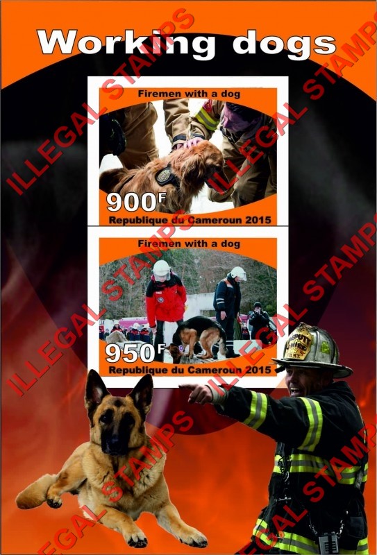 Comoro Islands 2015 Working Dogs Firemen with a Dog Counterfeit Illegal Stamp Souvenir Sheet of 2
