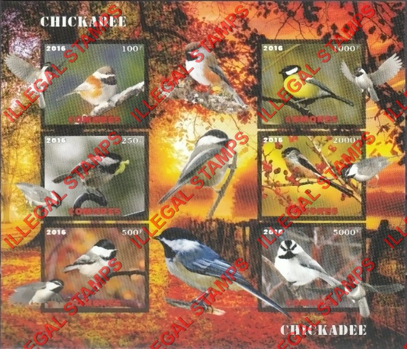 Comoro Islands 2016 Birds Chickadees Counterfeit Illegal Stamp Souvenir Sheet of 6