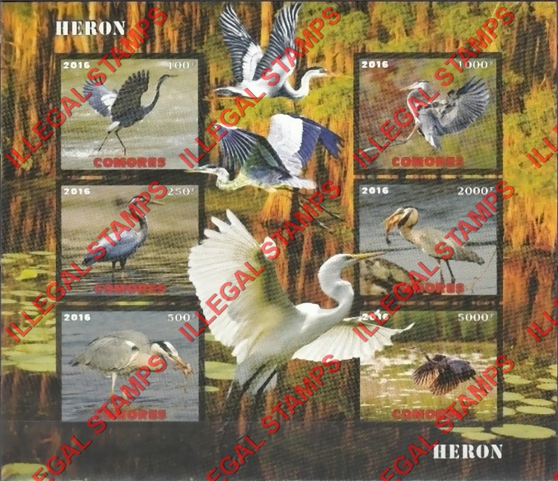 Comoro Islands 2016 Birds Herons Counterfeit Illegal Stamp Souvenir Sheet of 6