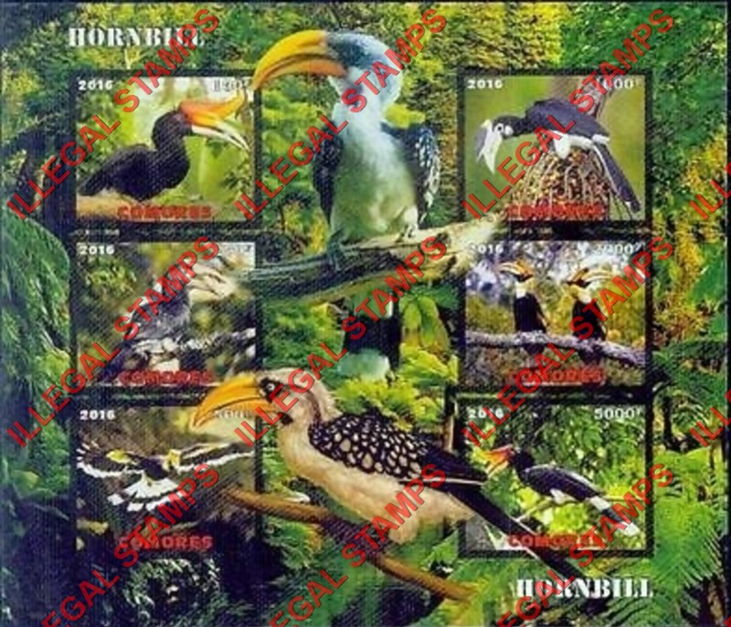 Comoro Islands 2016 Birds Hornbills Counterfeit Illegal Stamp Souvenir Sheet of 6