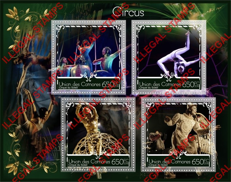 Comoro Islands 2016 Circus Cirque du Soleil Counterfeit Illegal Stamp Souvenir Sheet of 4