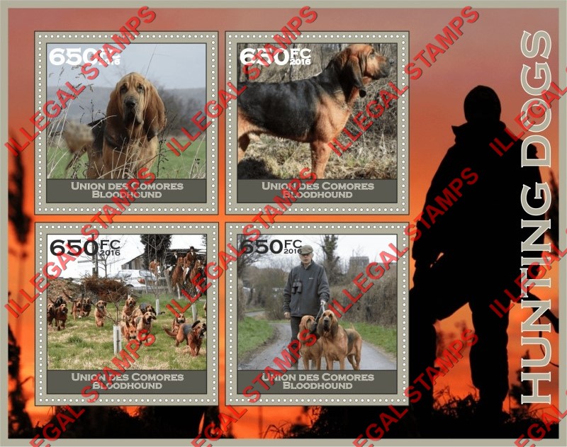 Comoro Islands 2016 Dogs Bloodhound  Hunting Dogs Counterfeit Illegal Stamp Souvenir Sheet of 4