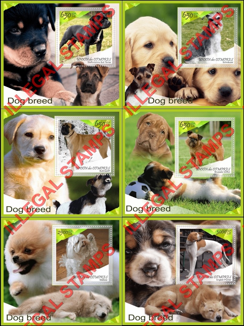 Comoro Islands 2016 Dogs (different) Counterfeit Illegal Stamp Souvenir Sheets of 1