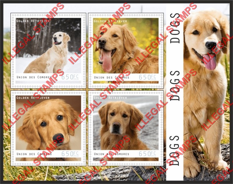 Comoro Islands 2016 Dogs Golden Retriever Counterfeit Illegal Stamp Souvenir Sheet of 4