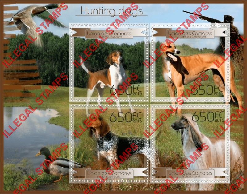 Comoro Islands 2016 Dogs Hunting Dogs Counterfeit Illegal Stamp Souvenir Sheet of 4