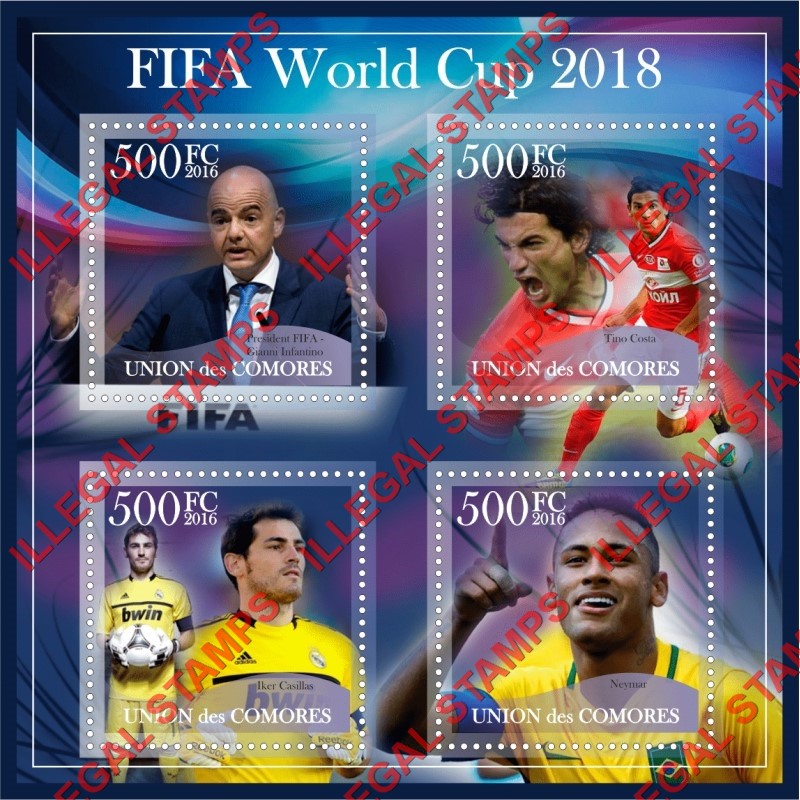 Comoro Islands 2016 FIFA World Cup Soccer in 2018 Counterfeit Illegal Stamp Souvenir Sheet of 4