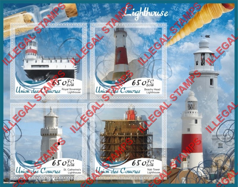 Comoro Islands 2016 Lighthouses Counterfeit Illegal Stamp Souvenir Sheet of 4