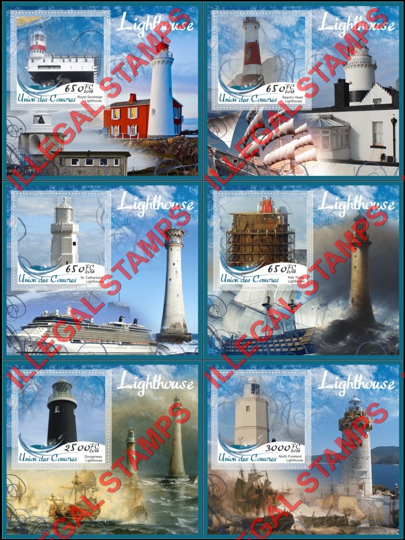 Comoro Islands 2016 Lighthouses Counterfeit Illegal Stamp Souvenir Sheets of 1