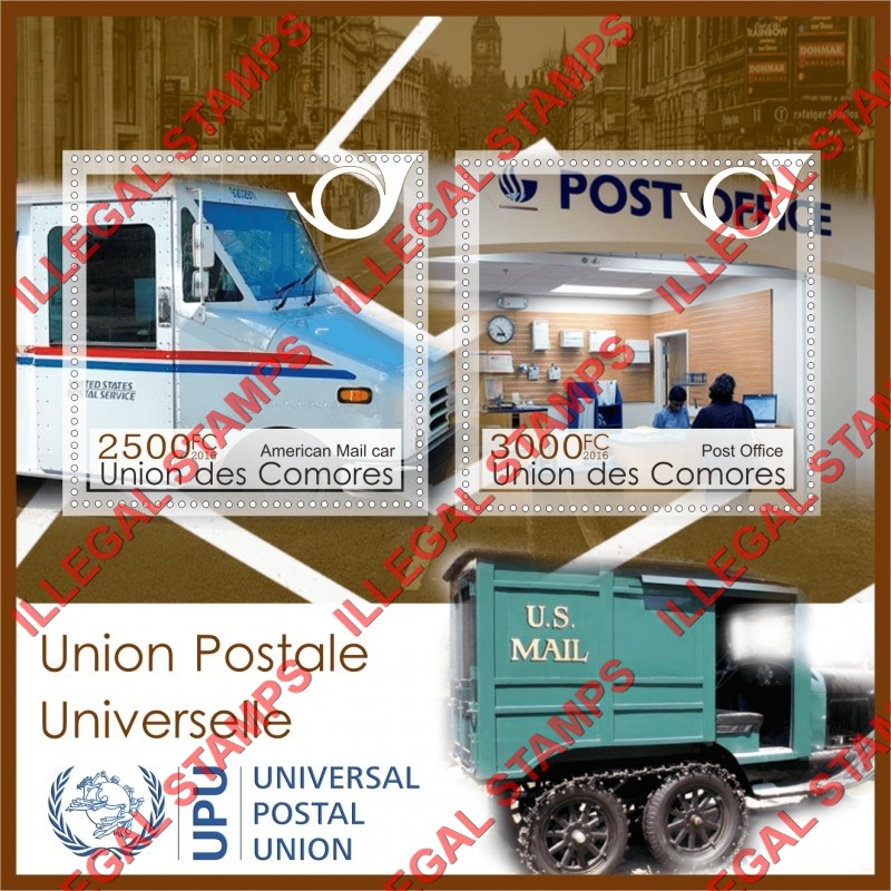 Comoro Islands 2016 Mail Cars and the UPU Logo Counterfeit Illegal Stamp Souvenir Sheet of 2