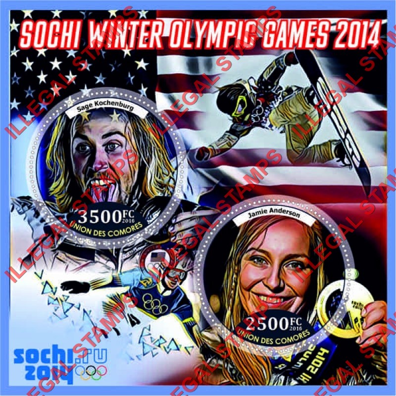 Comoro Islands 2016 Olympic Games in Sochi in 2014 Counterfeit Illegal Stamp Souvenir Sheet of 2