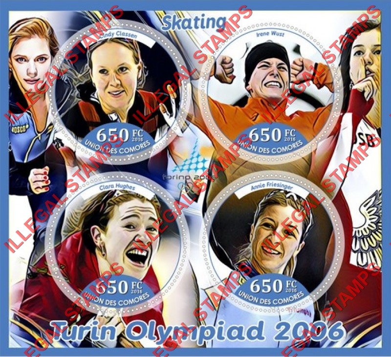 Comoro Islands 2016 Olympic Games in Torino in 2006 Turin Olympiad Skating Counterfeit Illegal Stamp Souvenir Sheet of 4