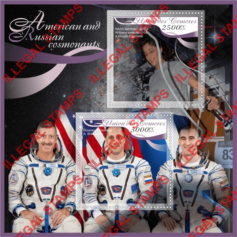 Comoro Islands 2016 Space American and Russian Cosmonauts Counterfeit Illegal Stamp Souvenir Sheet of 2