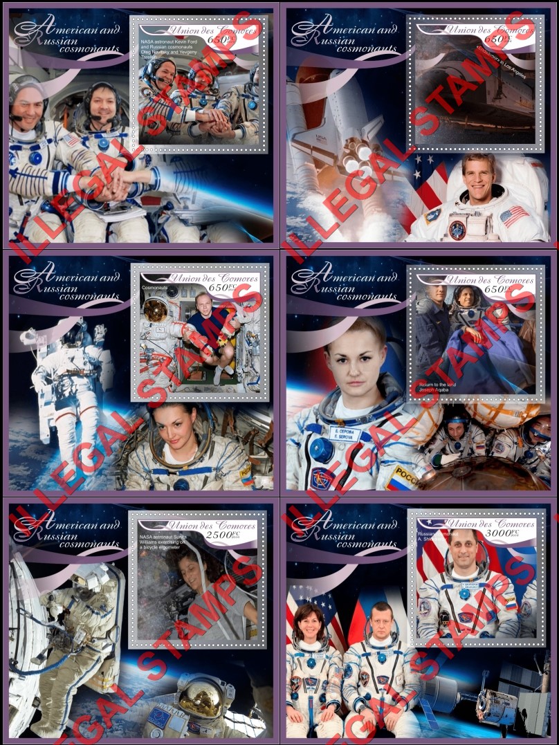 Comoro Islands 2016 Space American and Russian Cosmonauts Counterfeit Illegal Stamp Souvenir Sheets of 1