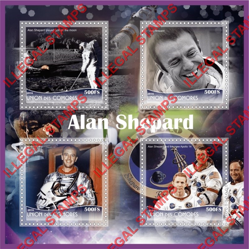 Comoro Islands 2016 Space Astronaut Alan Shepard Counterfeit Illegal Stamp Souvenir Sheet of 4