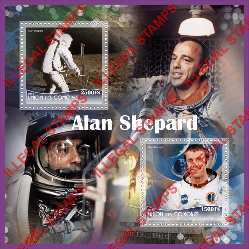 Comoro Islands 2016 Space Astronaut Alan Shepard Counterfeit Illegal Stamp Souvenir Sheet of 2