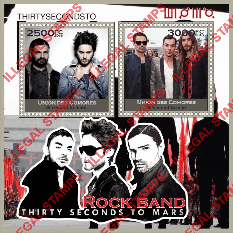 Comoro Islands 2016 Thirty Seconds to Mars Rock Band Counterfeit Illegal Stamp Souvenir Sheet of 2