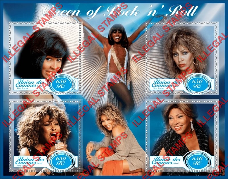 Comoro Islands 2016 Tina Turner Counterfeit Illegal Stamp Souvenir Sheet of 4