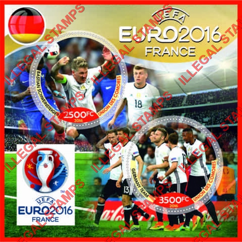 Comoro Islands 2016 UEFA EURO2016 Soccer France Counterfeit Illegal Stamp Souvenir Sheet of 2