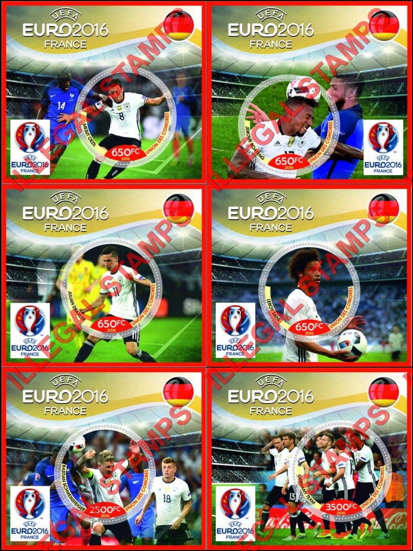 Comoro Islands 2016 UEFA EURO2016 Soccer France Counterfeit Illegal Stamp Souvenir Sheets of 1