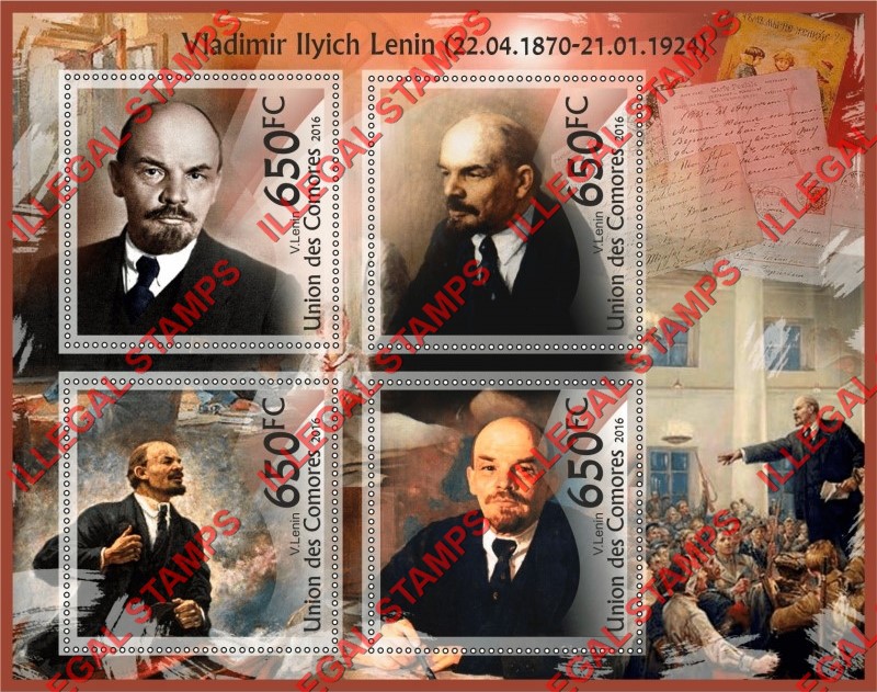 Comoro Islands 2016 Vladimir Ilyich Lenin Counterfeit Illegal Stamp Souvenir Sheet of 4