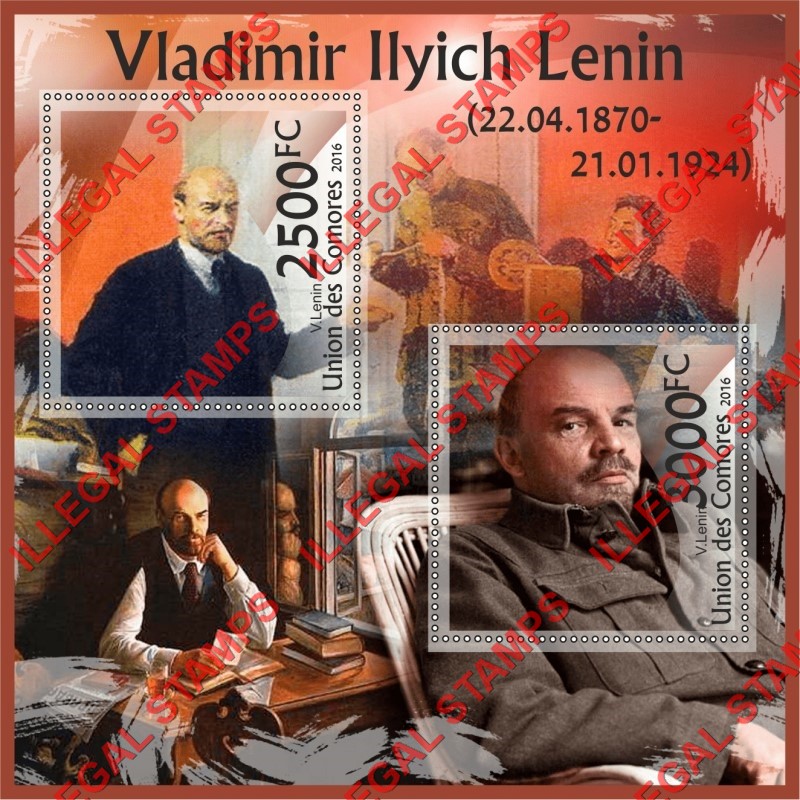 Comoro Islands 2016 Vladimir Ilyich Lenin Counterfeit Illegal Stamp Souvenir Sheet of 2