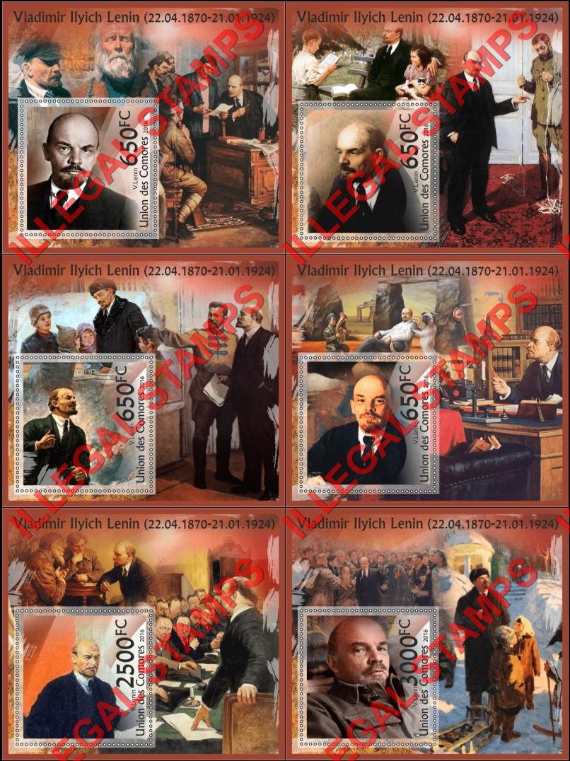 Comoro Islands 2016 Vladimir Ilyich Lenin Counterfeit Illegal Stamp Souvenir Sheets of 1