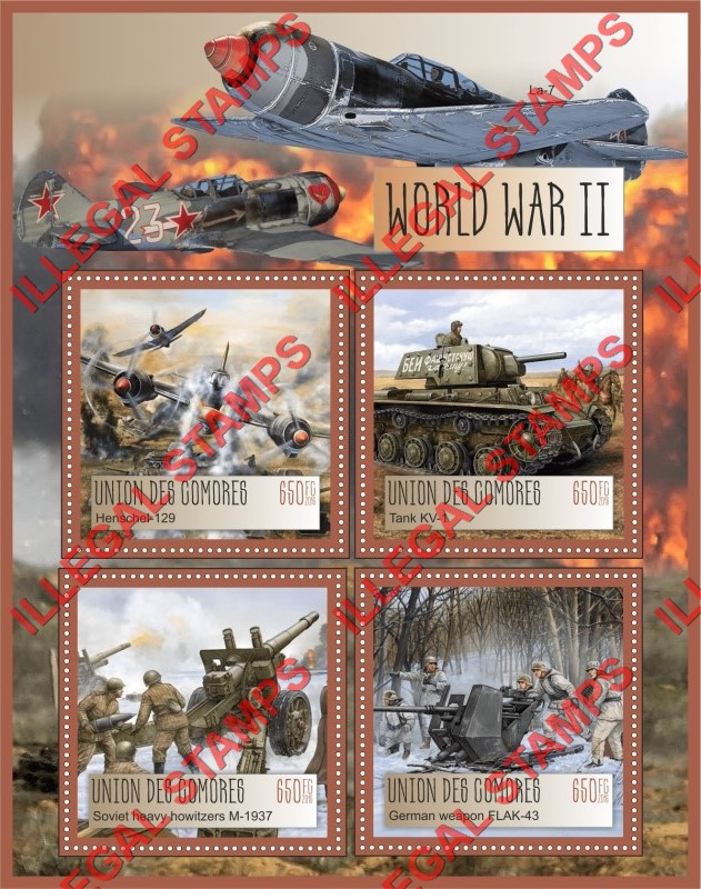 Comoro Islands 2016 World War II Counterfeit Illegal Stamp Souvenir Sheet of 4