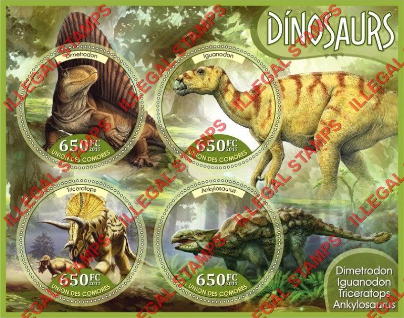 Comoro Islands 2017 Dinosaurs (different) Counterfeit Illegal Stamp Souvenir Sheet of 4