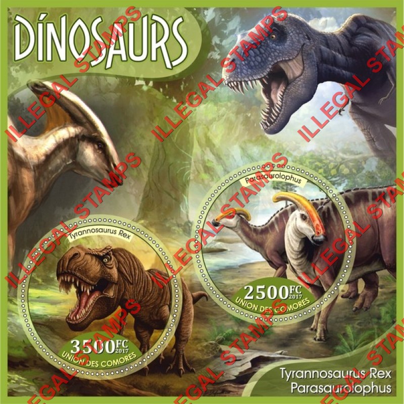 Comoro Islands 2017 Dinosaurs (different) Counterfeit Illegal Stamp Souvenir Sheet of 2
